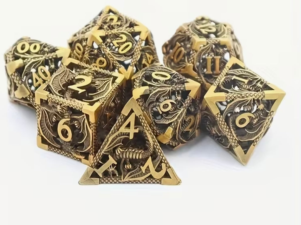 Brass Colour Dragon Design Metal Dice 7PCS