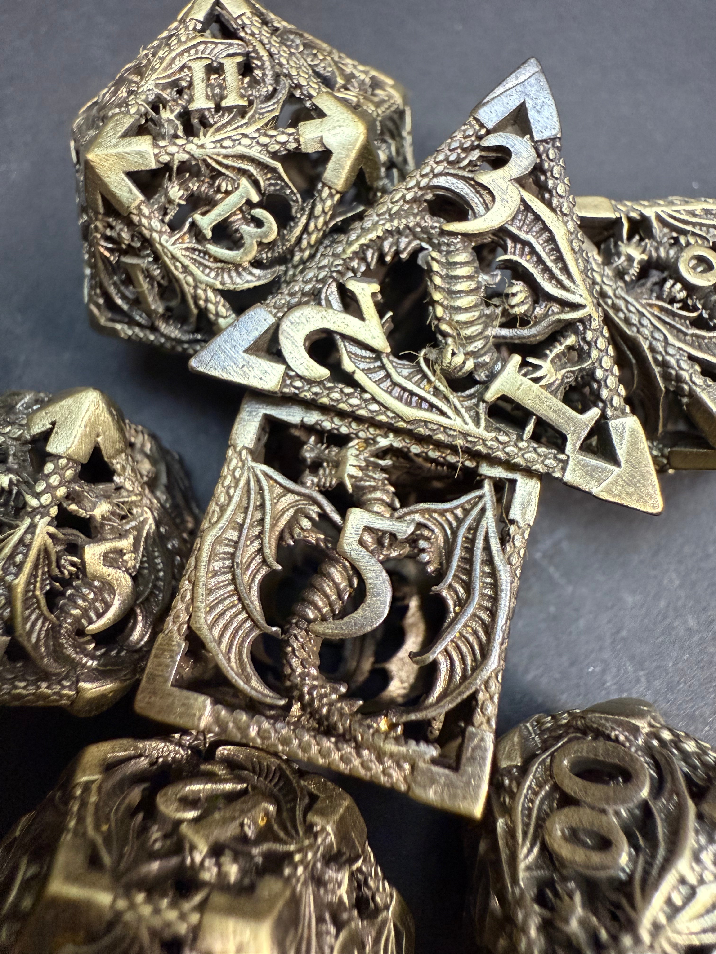 Brass Colour Dragon Design Metal Dice 7PCS