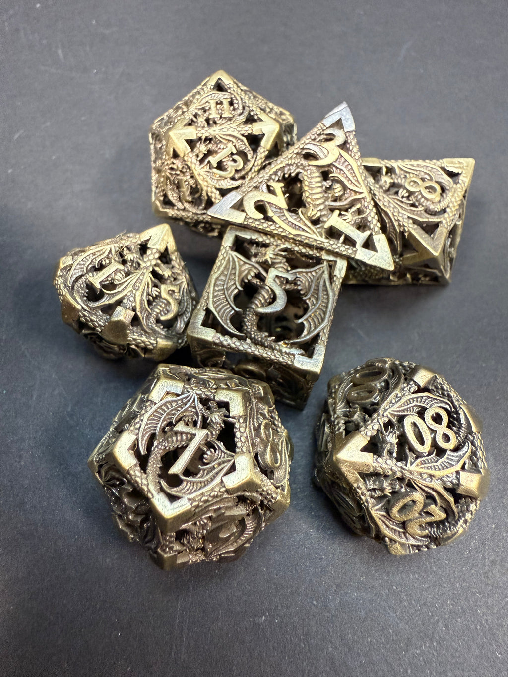 Brass Colour Dragon Design Metal Dice 7PCS