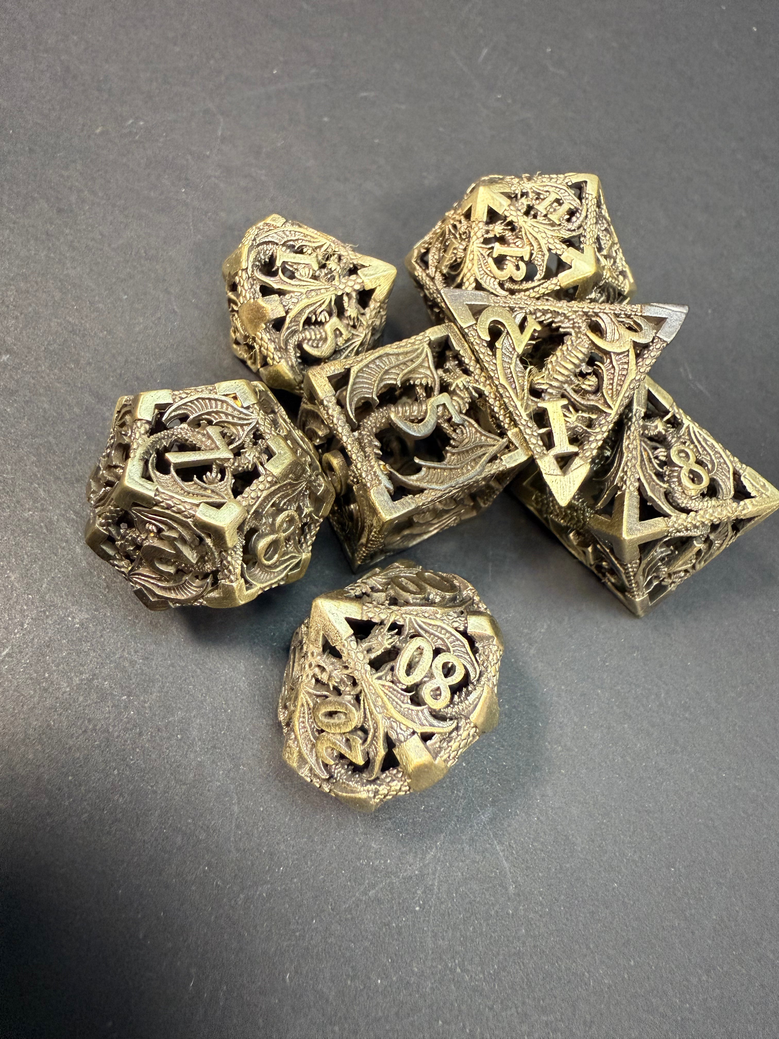 Brass Colour Dragon Design Metal Dice 7PCS