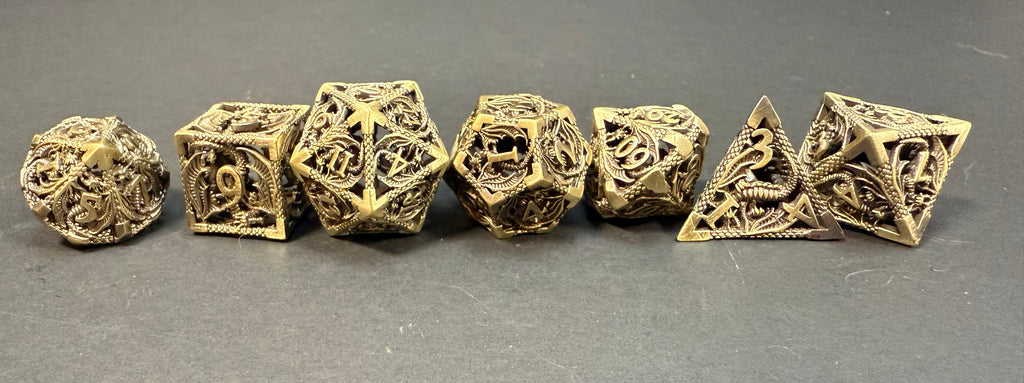 Brass Colour Dragon Design Metal Dice 7PCS