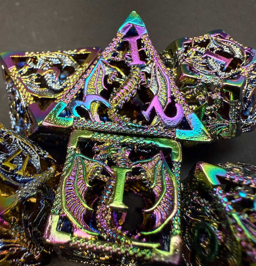 Rainbow Metal Dice with Dragon Design 7PCS