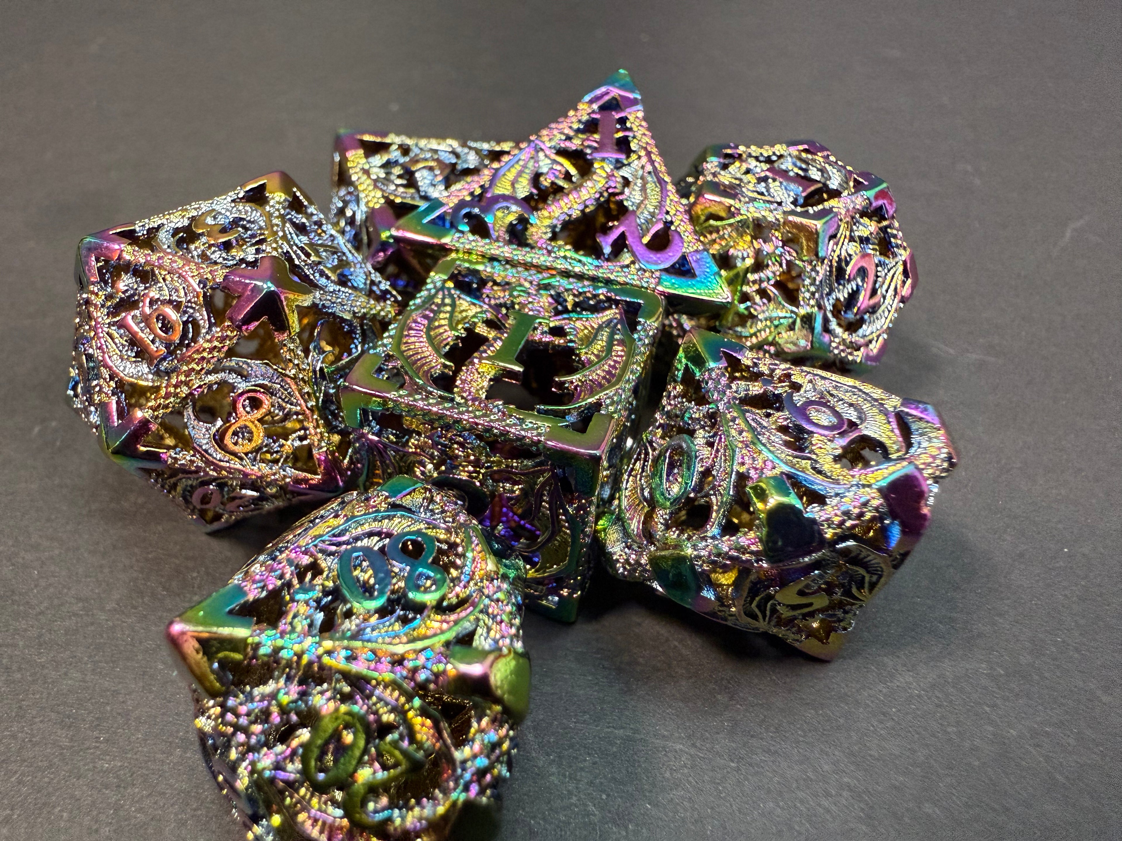 Rainbow Metal Dice with Dragon Design 7PCS
