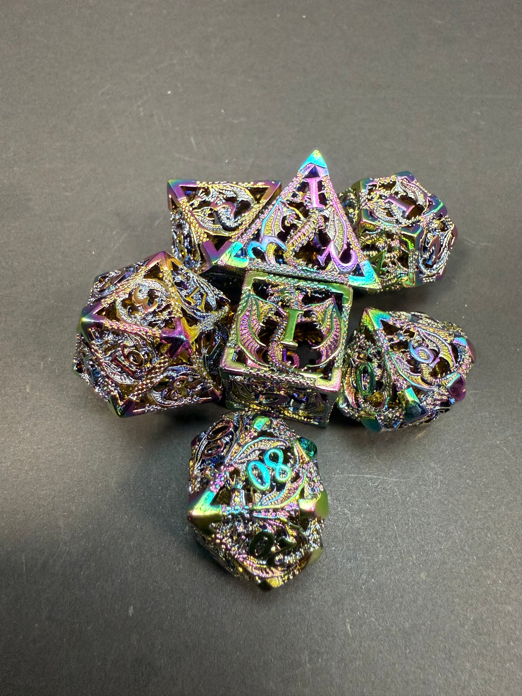 Rainbow Metal Dice with Dragon Design 7PCS