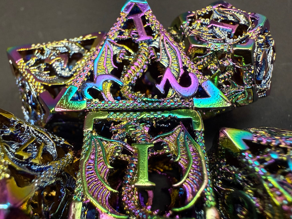 Rainbow Metal Dice with Dragon Design 7PCS