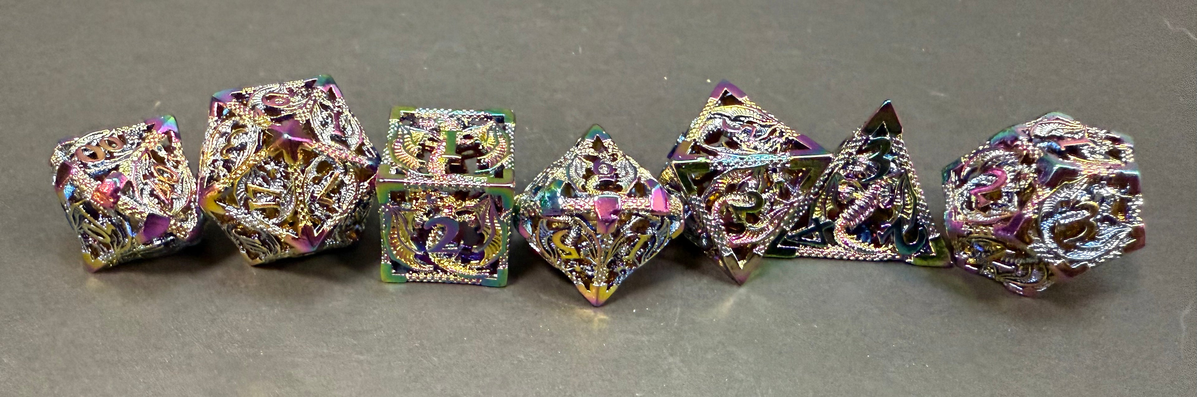 Rainbow Metal Dice with Dragon Design 7PCS