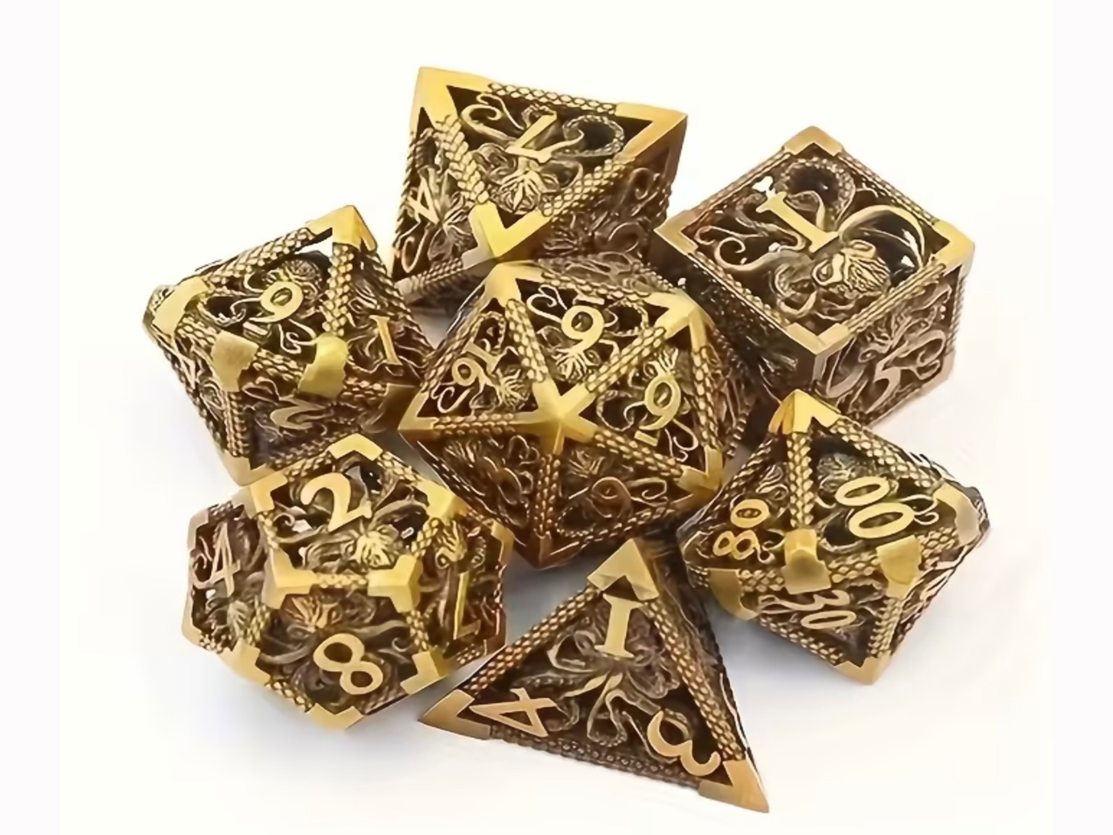Brass Colour Metal Octopus Design Dice Set 7PCS